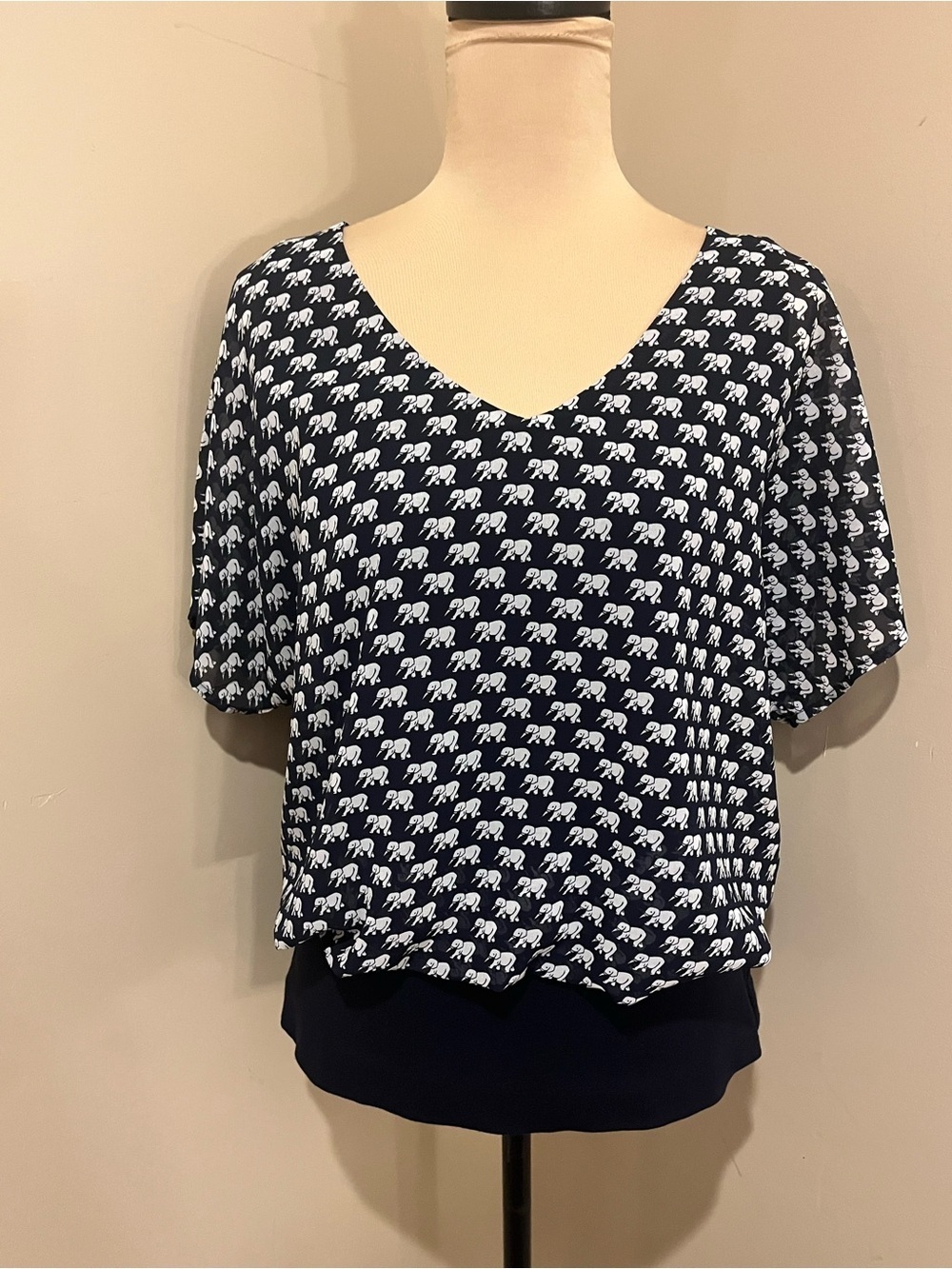 CAbi Navy and White Elephant Print V-Neck Blouse